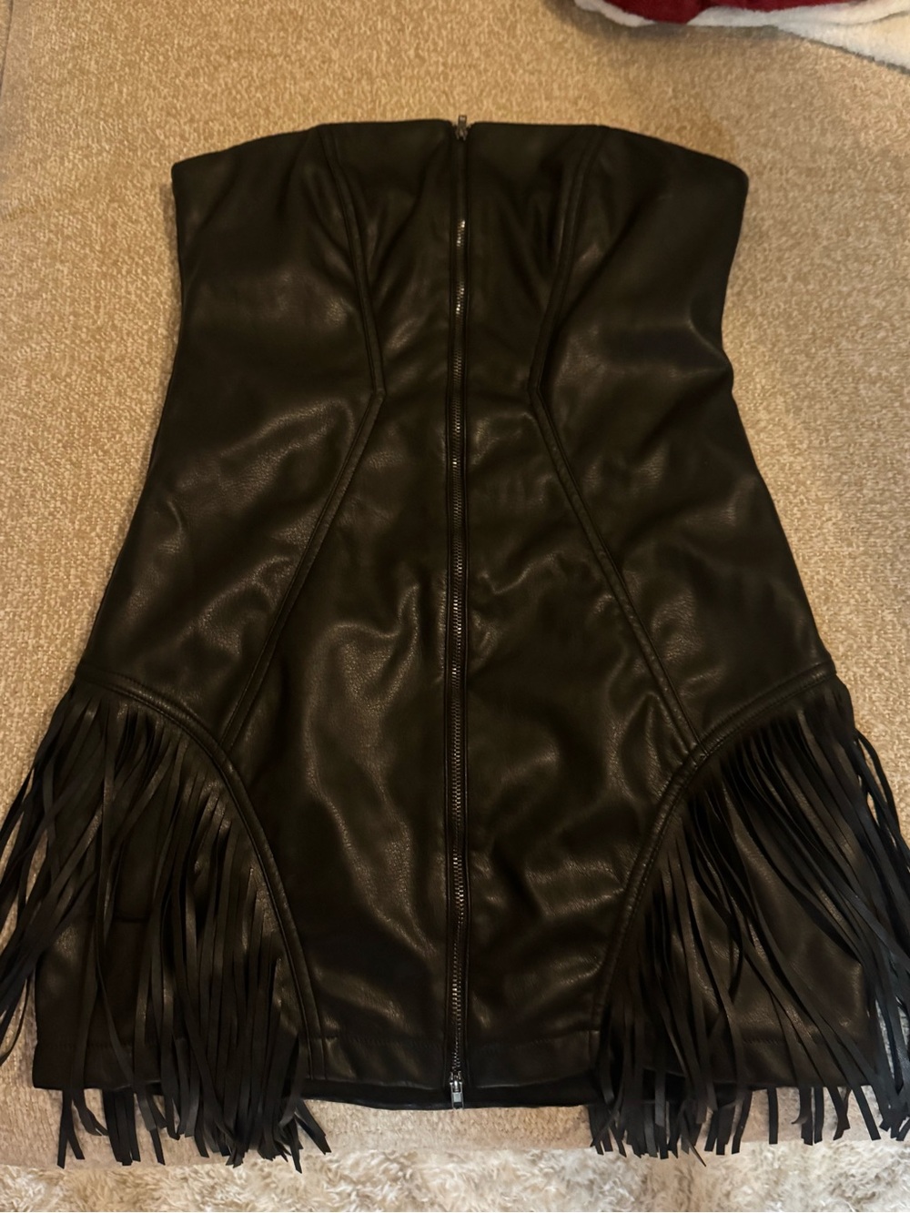 superdown Black Strapless Faux-Leather Fringe Corset dress